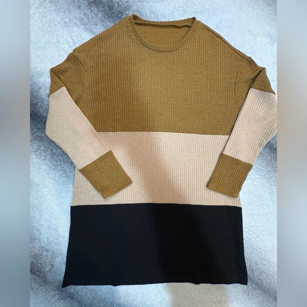 (A9) Shein Tan Brown Black Ribbed Colorblock Sweater Dress‎ Small 4